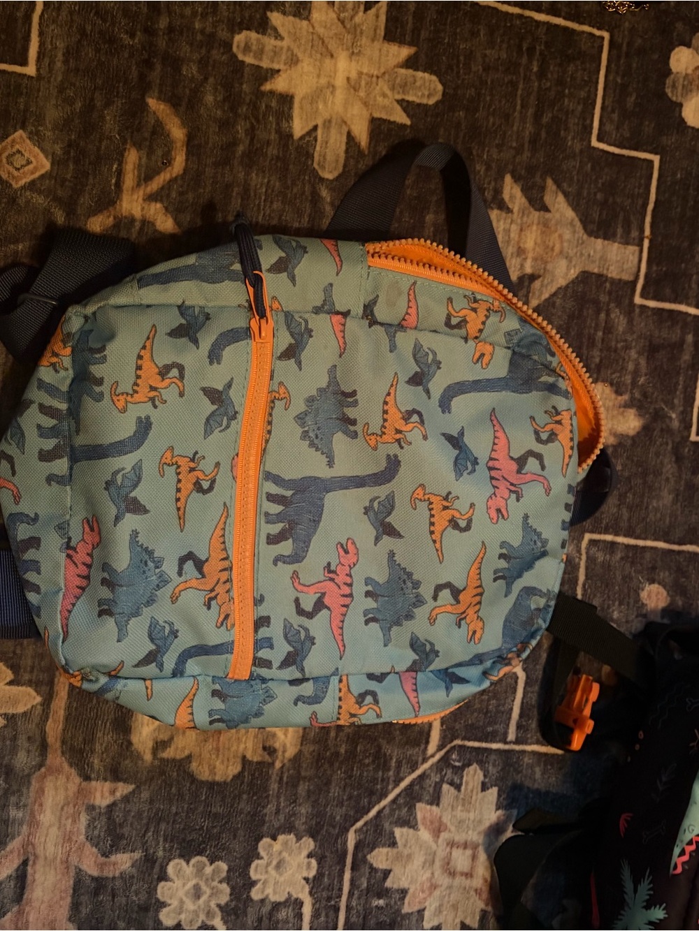 Kids' Dino Print Crossbody Bag in Teal with Orange Trim